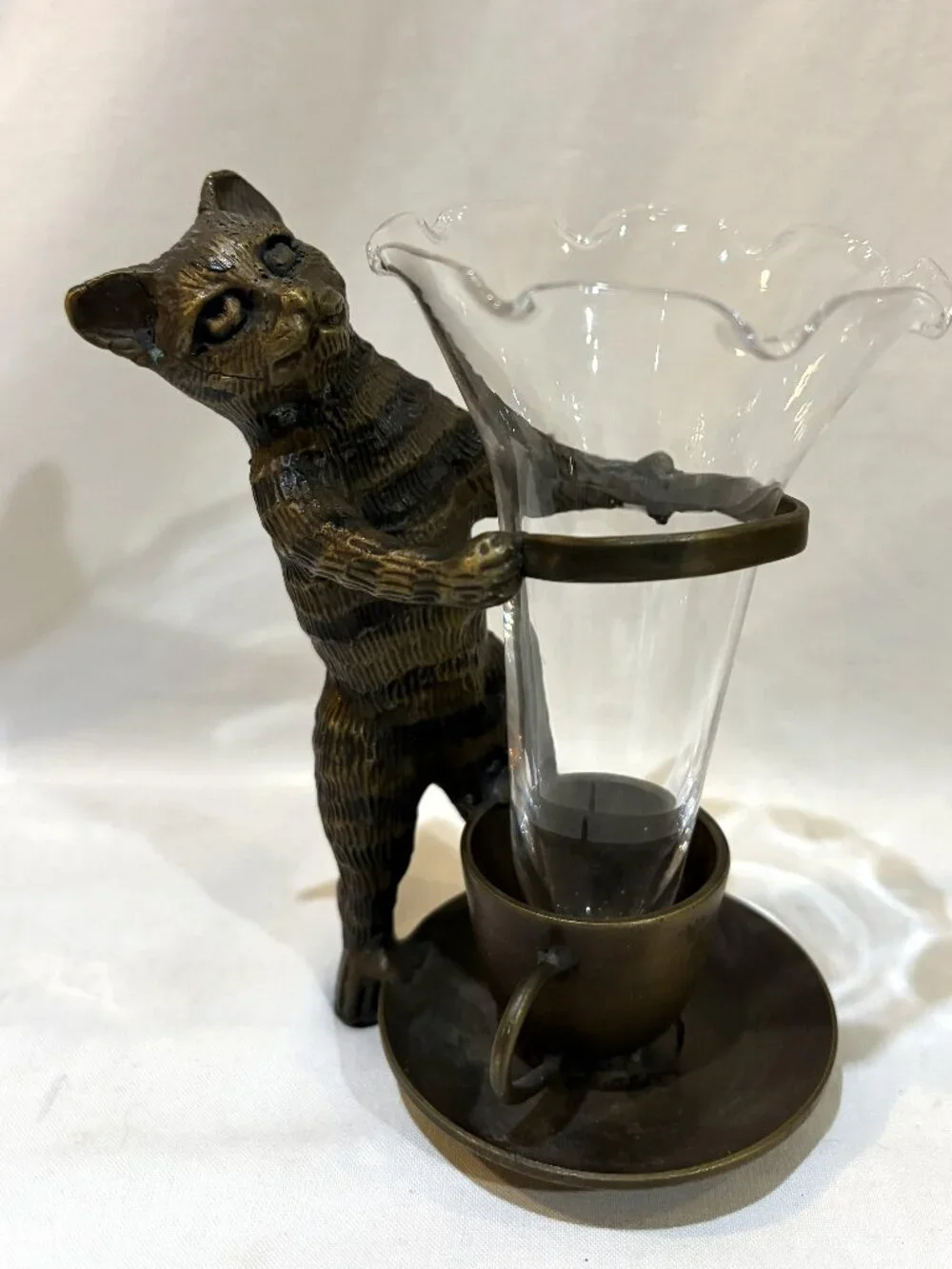 Cast Iron Cat Holding Clear Glass Vase